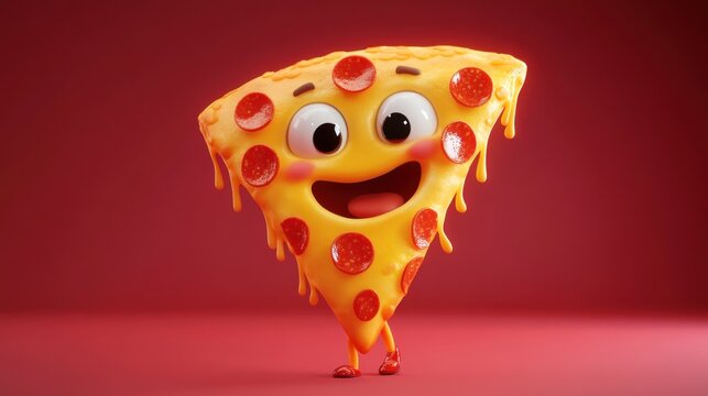 Cartoon pizza slice with a happy expression, dripping with cheese, and smiling eyes.