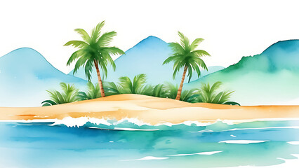 Fototapeta na wymiar Watercolor Beach Scene with Palm Trees Ocean and Distant Mountains