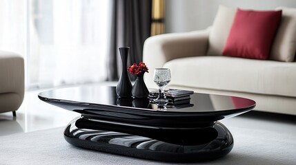 A modern coffee table with a glossy black finish and curved edges, standing out elegantly against a white background.