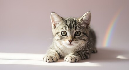 Adorable tabby kitten portrait with rainbow - innocence and wonder - pet blog or social media