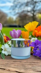 Elegant cosmetic jar with silver lid placed on wood with colorful flowers