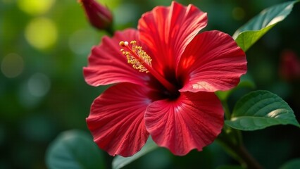 A Vibrant Red Hibiscus Flower in Full Bloom, Illuminated by Soft Sunlight, Showcasing its Delicate Petals and Intricate Stamens