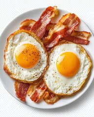 Perfectly Cooked Eggs and Crispy Bacon on a White Plate