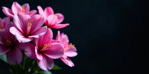 Fototapeta premium Delicate Pink Flowers Blooming Against a Dark Background, a Close-Up Study of Nature's Beauty and Vivid Colors
