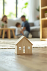 A wooden house is on the floor in front of a family