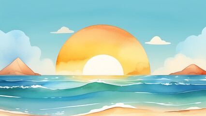 Fototapeta premium Watercolor Ocean Sunset with Island Silhouettes and Calm Water Waves
