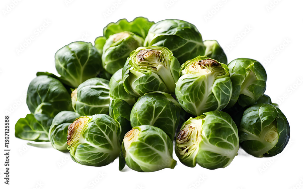 Poster a pile of brussels sprouts with green leaves, isolated on a empty plain background