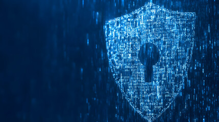 A digital shield icon illuminated by binary code, symbolizing cybersecurity and data protection.