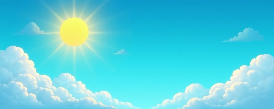 Simple cartoon sun and clouds in clear blue sky, sunny, weather