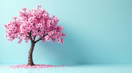 Obraz premium A Delicate Pink Blossom Tree Against a Pastel Blue Background, Representing Spring's Gentle Arrival and the Promise of Renewal