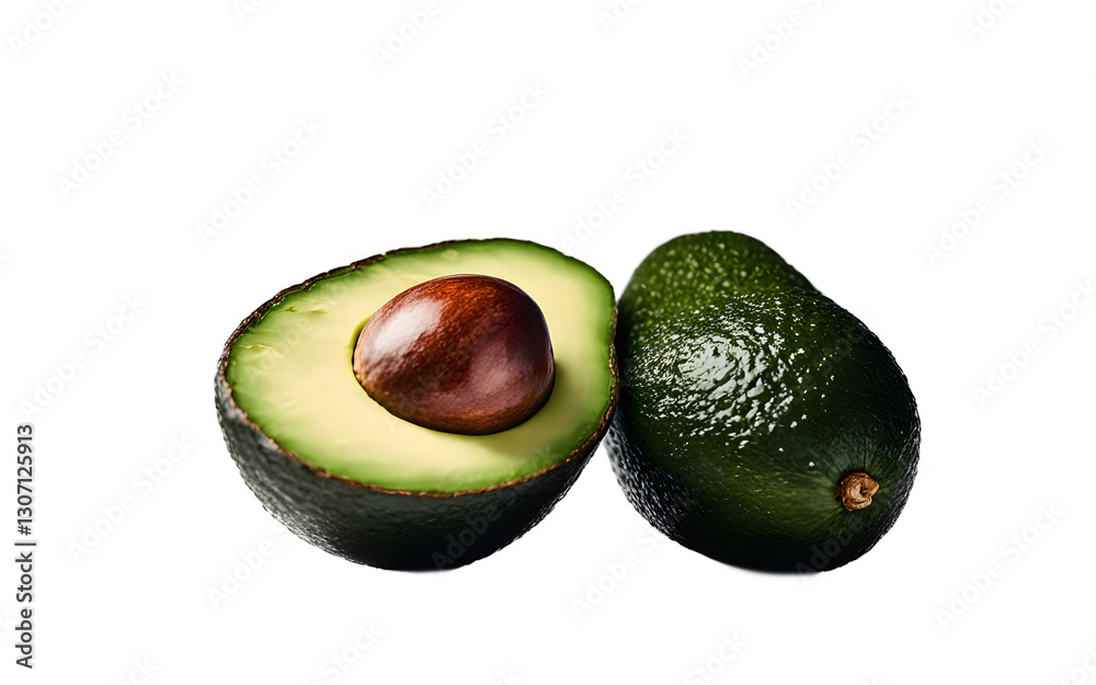 Poster a ripe avocado with smooth, dark green skin, isolated on a empty plain background