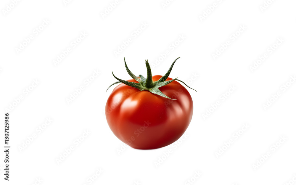 Poster a ripe tomato with red skin and a small green stem, isolated on a empty plain background