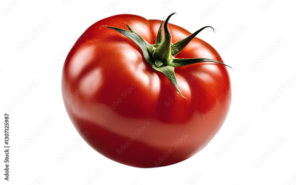Poster a ripe tomato with red skin and a small green stem, isolated on a empty plain background