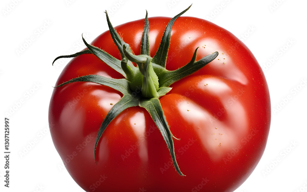 Poster a ripe tomato with red skin and a small green stem, isolated on a empty plain background