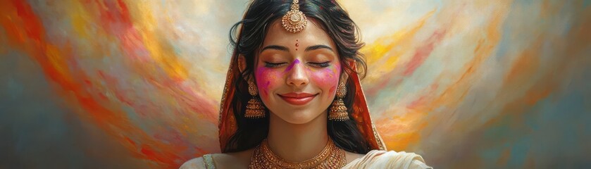 Create a serene woman in traditional Indian attire, adorned with vibrant Holi colors, smiling with eyes closed under swirling pigments, rendered in lifelike oil painting
