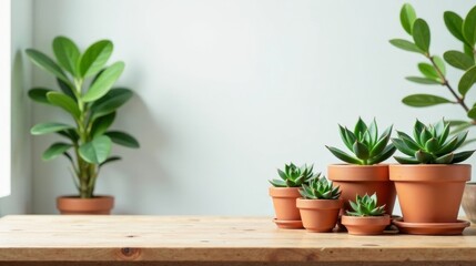 Fototapeta premium Peaceful home indoor garden with succulent plants in terracotta pots on a wooden surface