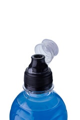Neck of a plastic bottle with a drink on a white background