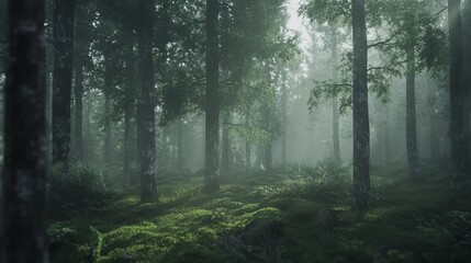 Obraz premium A misty forest with moss-covered trees, soft light creating a serene and mystical atmosphere, ultra-detailed, 4K.