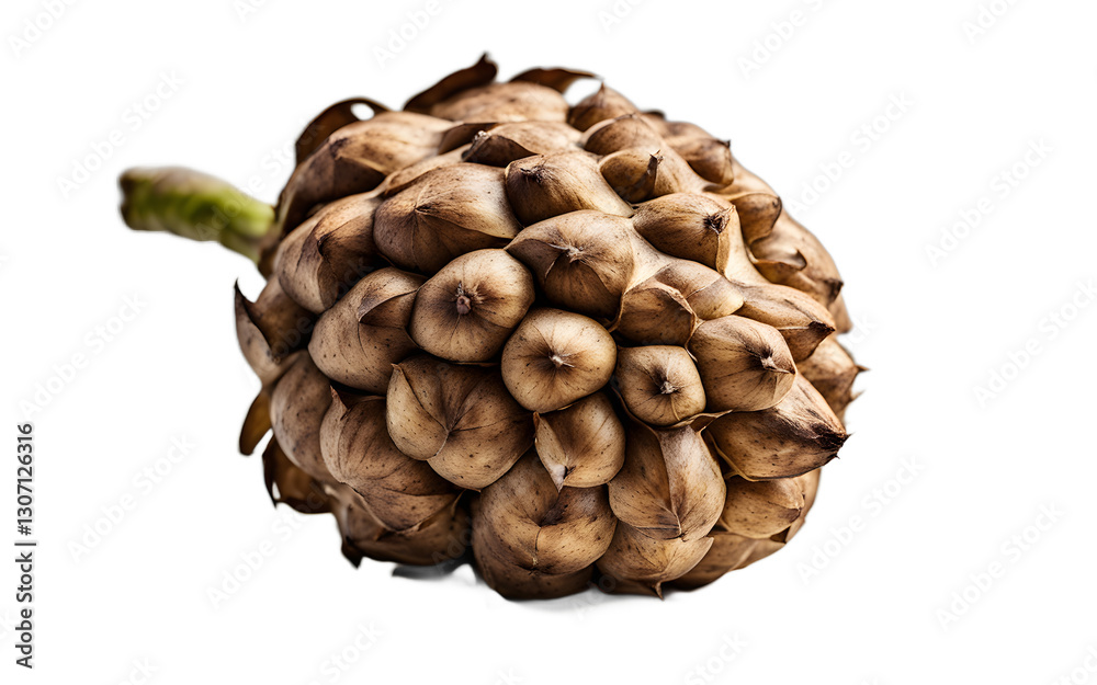 Poster a single jerusalem artichoke with knobby texture and light brown skin, isolated on a empty plain bac