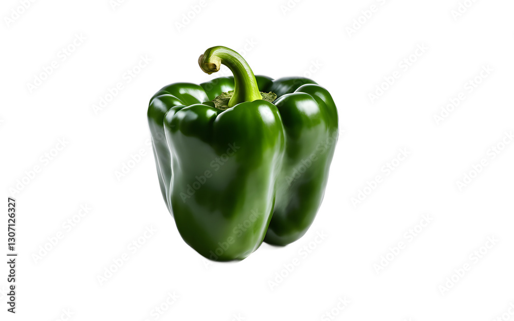 Poster a single green bell pepper with glossy skin, isolated on a empty plain background