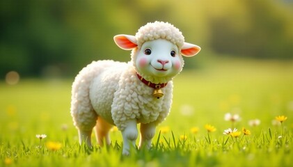 Fototapeta premium Smiling fluffy sheep with a bell around its neck standing in a meadow, meadow, animal