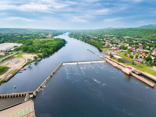 Aerial view of the Federal Dam on the Hudson River at Troy, NY, looking north. 