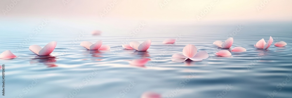 Aufkleber Soft pastel petals floating on calm water creating a serene and peaceful atmosphere for reflection Generative AI