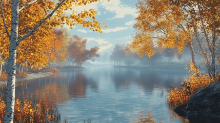 A misty morning over a quiet lake, surrounded by golden autumn foliage, soft reflections on the water, peaceful and nostalgic, ultra-realistic, high definition.