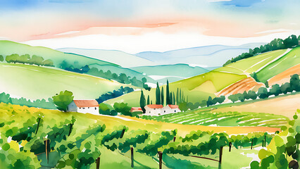 Naklejka premium Watercolor Painting of Italian Vineyard Landscape with Rolling Hills and Farmhouses