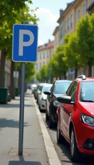 Blue parking sign on pole, cars parked neatly in a row , parking, row