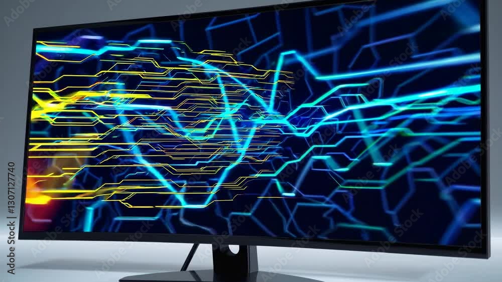 Poster futuristic data waves on a computer screen with bright lines and patterns displaying technology