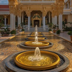Obraz premium Design an opulent Thai palace courtyard featuring golden water fountains in intricate patterns, exuding luxury and beauty, sure to captivate and impress