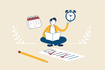 Self discipline or self control to complete work or achieve business target, time management to increase productivity concept, businessman meditate balancing clock and calendar on completed task paper