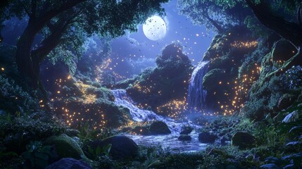 A mystical forest at twilight, soft moonlight illuminating moss-covered trees, fireflies glowing in the air, magical and enchanting, ultra-detailed, 4K.