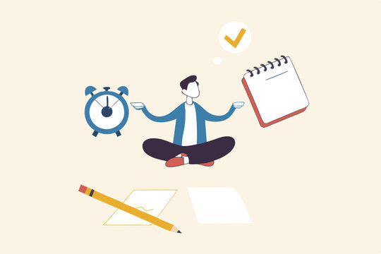 Self discipline or self control to complete work or achieve business target, time management to increase productivity concept, businessman meditate balancing clock and calendar on completed task paper