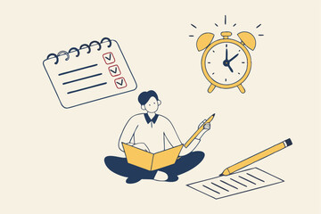 Self discipline or self control to complete work or achieve business target, time management to increase productivity concept, businessman meditate balancing clock and calendar on completed task paper