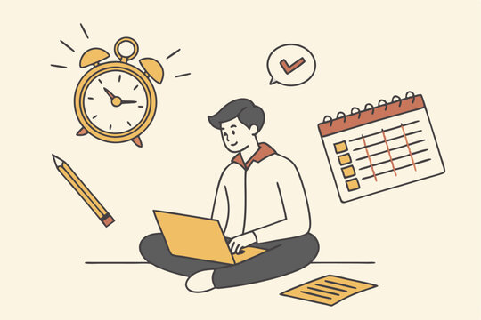 Self discipline or self control to complete work or achieve business target, time management to increase productivity concept, businessman meditate balancing clock and calendar on completed task paper