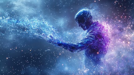 Futuristic Digital Art of a Human Figure Dissolving into Particles in a Cosmic Space Environment with Vibrant Colors