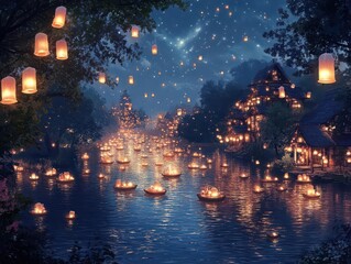 Naklejka premium Illustrate a captivating scene of a floating water festival at night