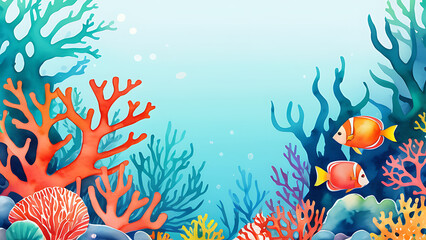 Colorful Watercolor Ocean Scene with Fish and Coral Reef Illustration
