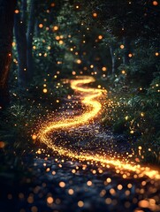 Enchanted forest path with glowing lights