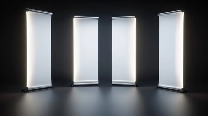 Four blank roll up banners in a dark studio setting, lit with bright accents.