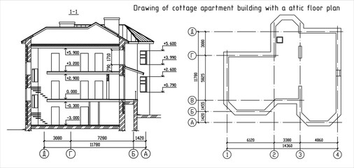 Vector architectural engineering construction
drawing of private residential building
with dimensional lines. Industrial hand design
on white sheet of paper. Blueprint of multistory
suburban cottage.