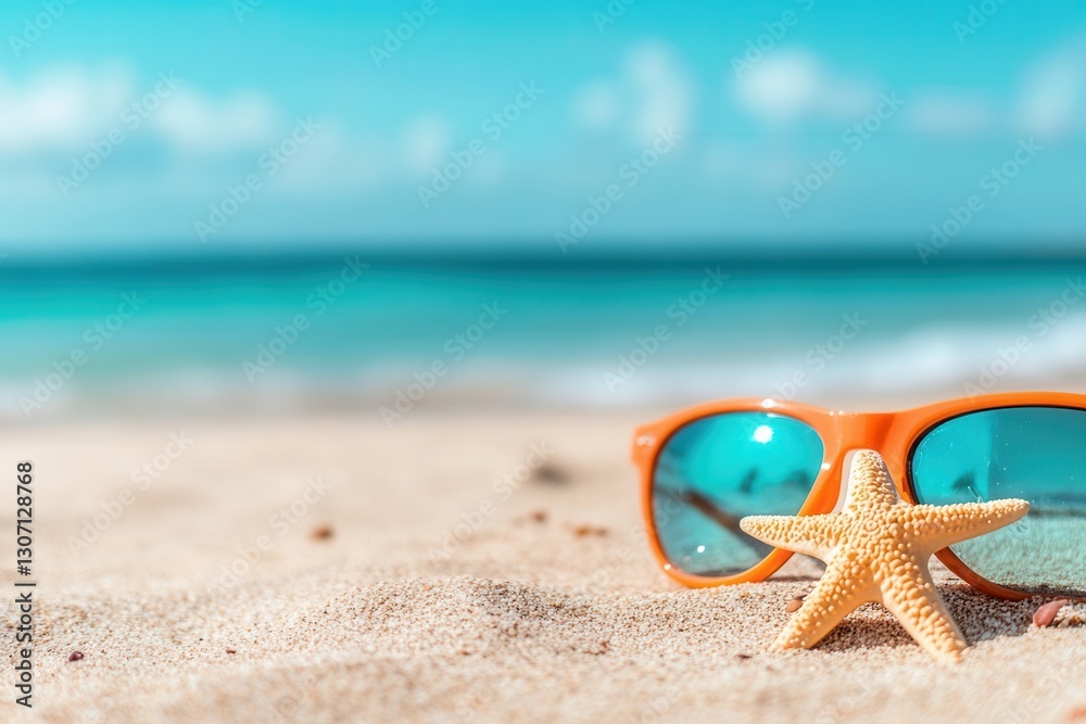 Poster Relaxing beach setting with sunglasses and starfish on sandy shore under blue sky Generative AI