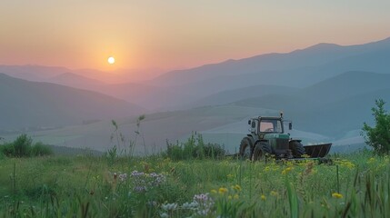 Fototapeta premium Tranquil sunrise over mountain meadow with tractor.