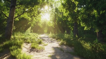 Obraz premium A pathway through a dense pine forest, soft sunlight breaking through the canopy, serene and peaceful atmosphere, ultra-realistic, 4K.