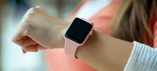 A person is wearing a pink smart watch.