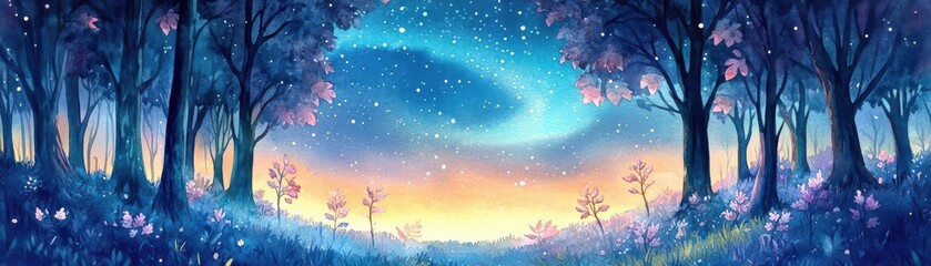 Illustrate a dreamlike forest awakening under a celestial aurora, leaves blooming in real-time, combining surrealism with fantastical elements in watercolor