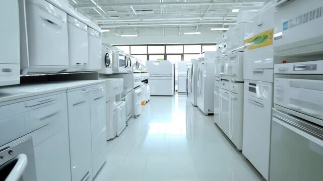 walkthrough of modern home appliance store aisles with white goods displayed