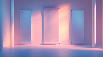 Three blank roll-up banners in a minimalist, pastel-toned room. Soft lighting highlights the displays.